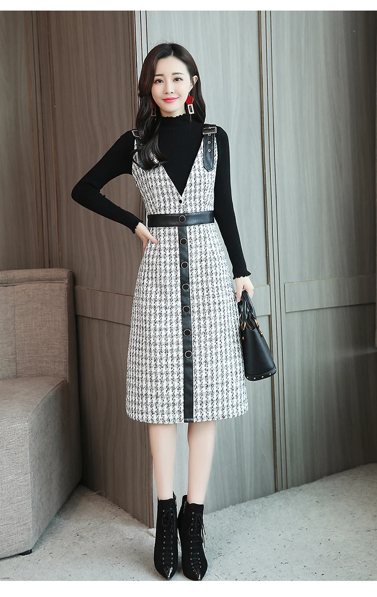 Женское однобортное платье на бретельках клетчатое твидовое вечернее с v образным вырезом Осень зима