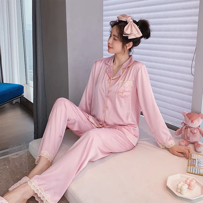 Satin Soft Touch Lace Sexy Pajama Set Women's Summer Long Sleeve Suit Pyjamas