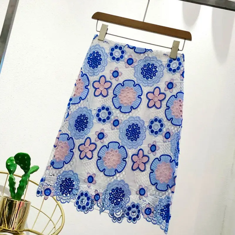 

2021 Women's Summer Lace Floral Embroidered Skirt Slim High Waist Office Ladies Skirt Hollow Out Skirt Feme