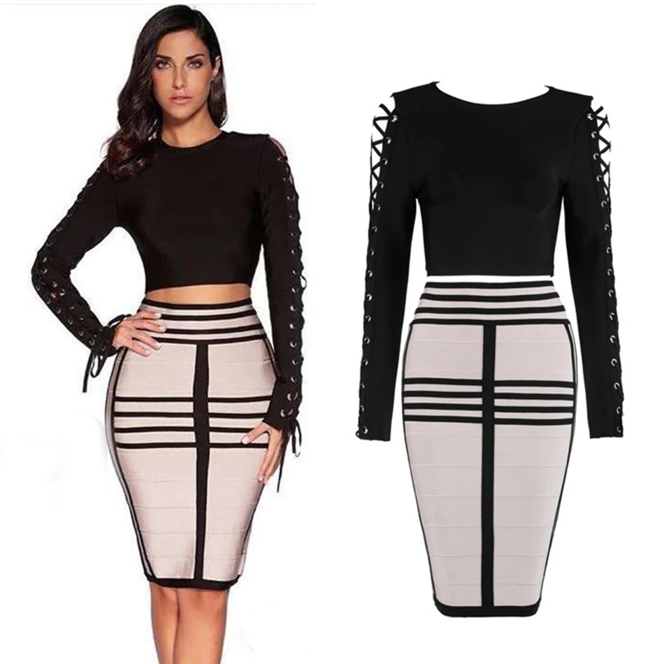 Женский облегающий комплект из 2 предметов ажурный топ с длинным рукавом и юбка