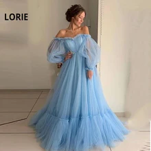 LORIE – robe de bal de forme trapèze en Tulle, tenue de soirée élégante, épaules dénudées, manches longues bouffantes, bleu, rose, Corset  (3)