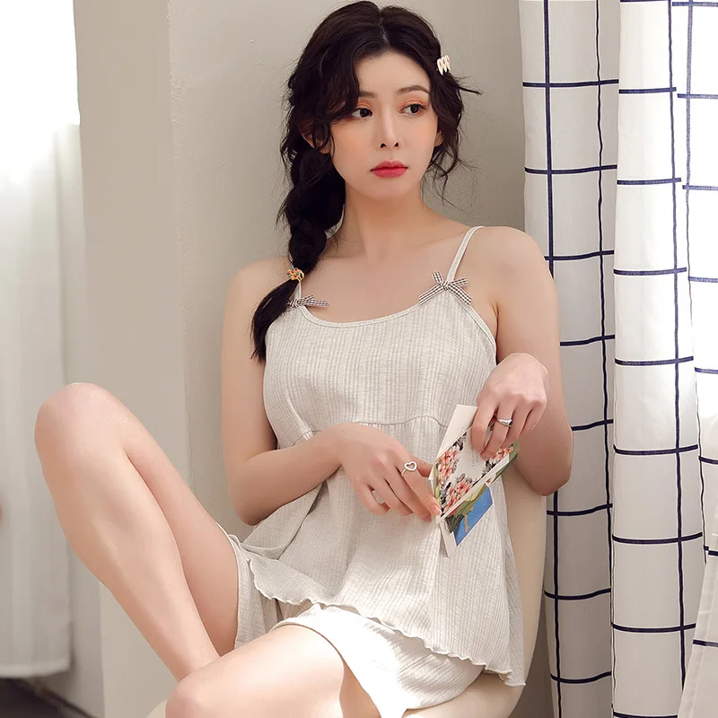 

Summer Women's Pajamas Korean Sweet Cotton Solid Color Sleepwear For Woman Sexy Spaghetti Strap Nightwear For Women Bow Pajamas