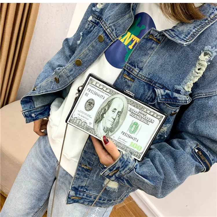 Fashion Dollar Pattern Box Design Pu Leather Women Daily Clutch Bag Chain Purse Shoulder Bag Tote Ladies Handbag Crossbody Bag