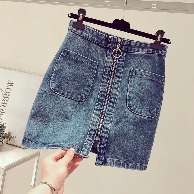 

Spring Summer Women Skirt A-Line Vintage High Waist Solid Pocket Zipper Casual Sexy New Fashion Korean Style Streetwear D275