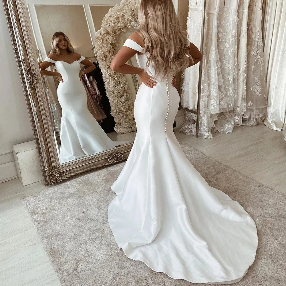 Simple Mermaid Wedding Dress White Sweetheart Mono Court Train Floral Button Wedding Party De Fiesta Robe De Soiree
