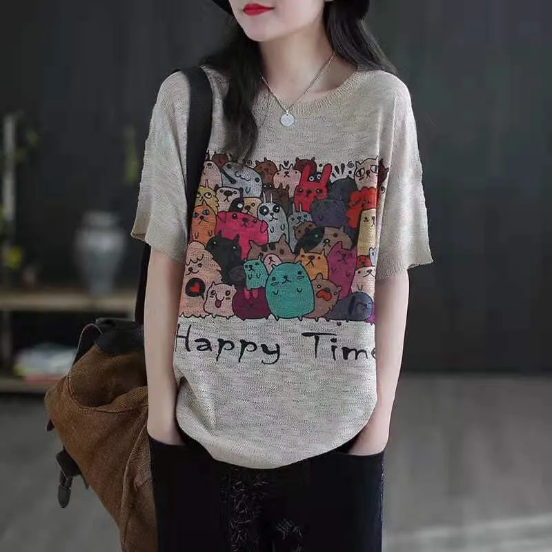 

New Arrival Summer Korean Style Women Loose Casual Short Sleeve O-neck T Shirt All-matched Cotton Cartoon Print T-shirt W134