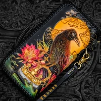 handmade the golden crow the sun wallets zipper purses men long clutch vegetable tanned leather wallet card holder