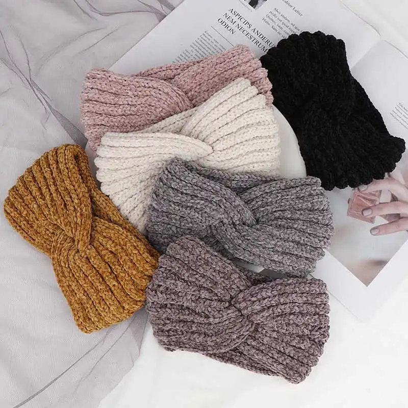 

Women Headband Solid Color Wide Turban Twist Knitted Cotton Hairband Spiral Double Girls Makeup Elastic Hair Bands Accessories