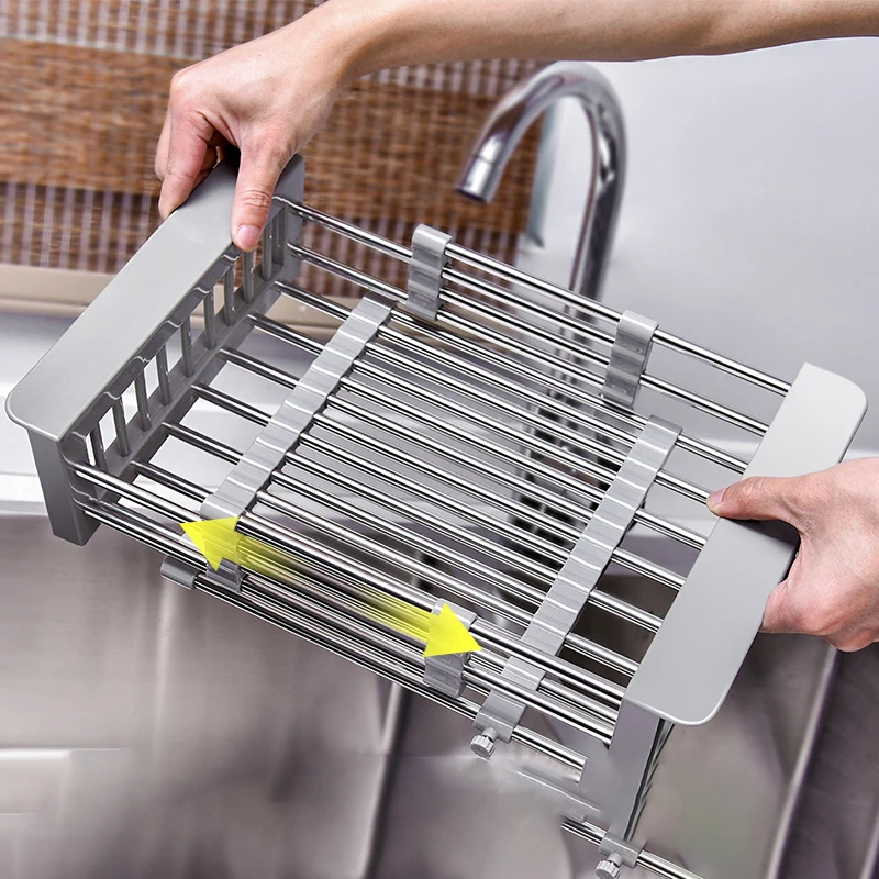 Kitchen Sink Retractable Stainless steel Drain Basket For Fruit Vegetable Dishes Bowl Drying Dryer Accessories | Дом и сад