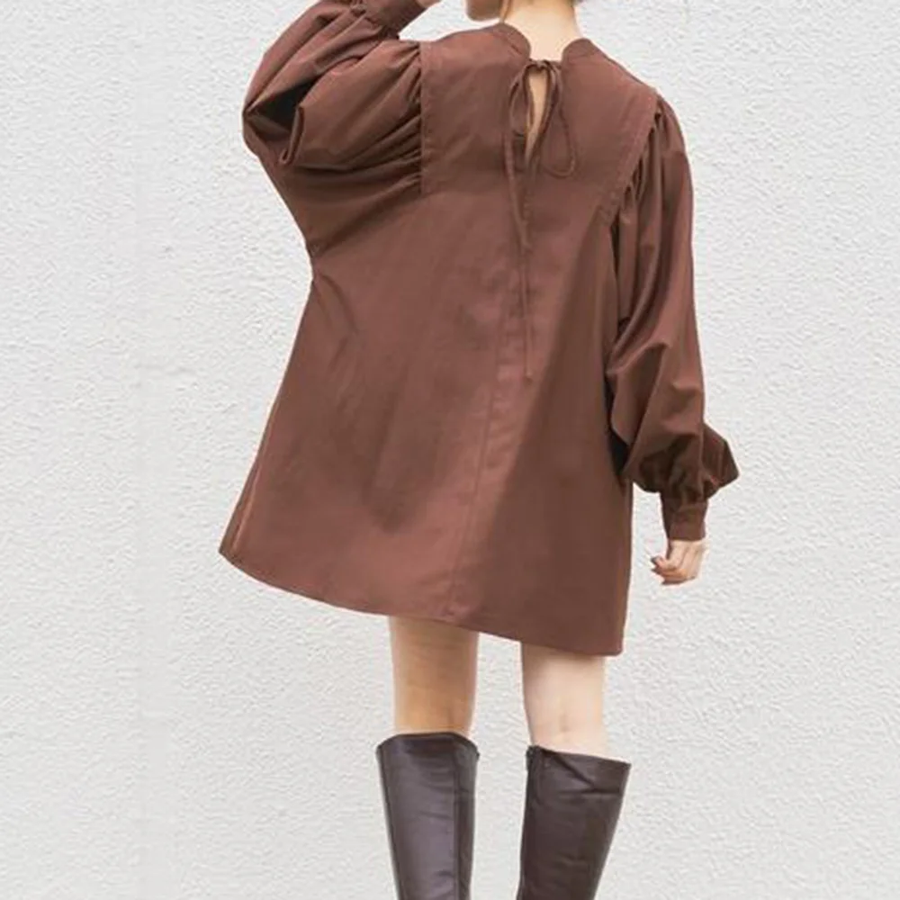 

Korea Fashion Dress For Women Spring Autumn New Loose Simple Casual Back Lace Up Round Neck Lantern Sleeve Female Mini Dresses