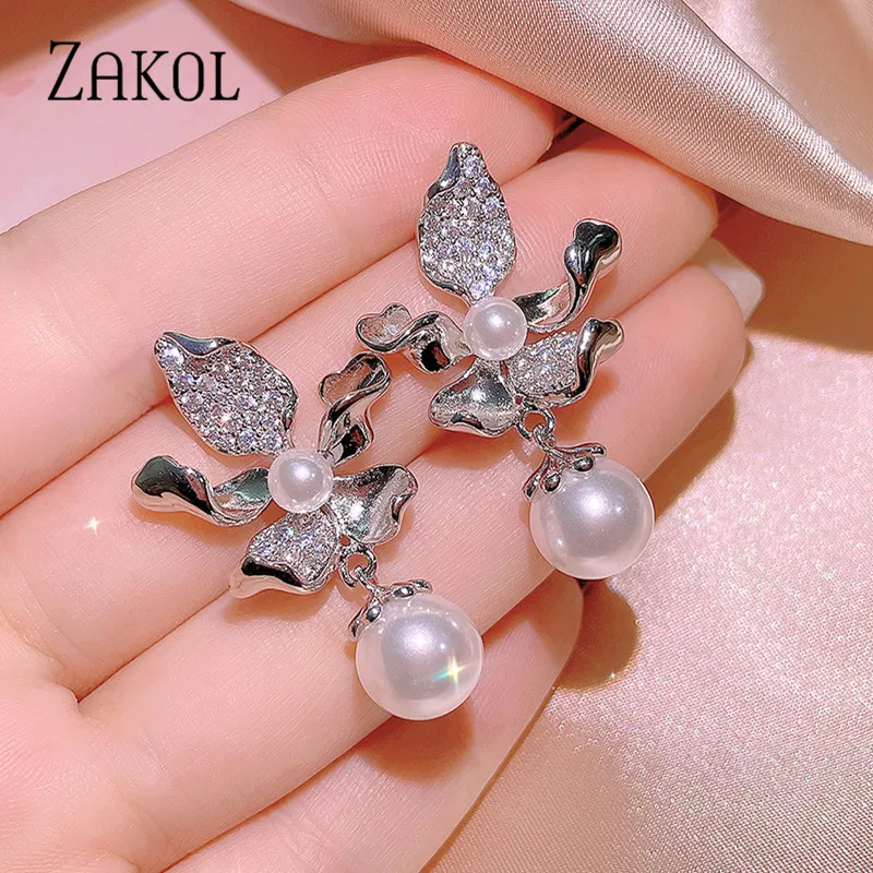 

ZAKOL New Fashion AAA Cubic Zirconia Flower Dangle Earrings for Women Luxury Exquisite Imitation Pearl Wedding Jewelry