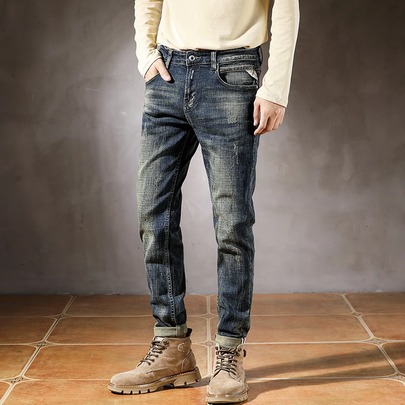 

Jeans for Men Clothing Washed Bleached Solid Color Simple Youth Classic Retro Style Male Denim Pants Personalized Streetwear