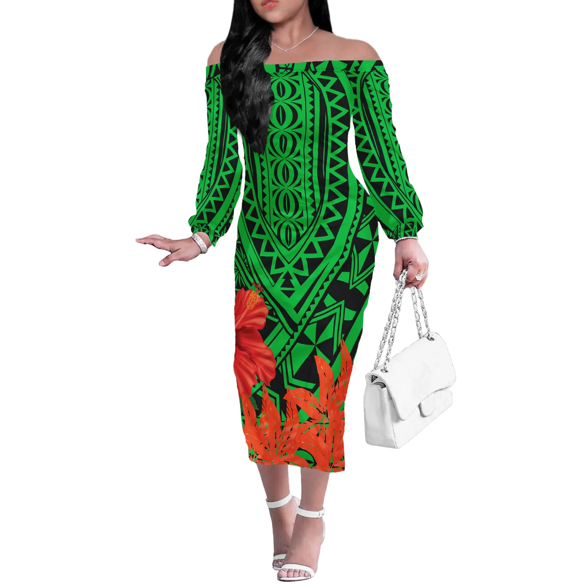

Green Lady Plus Size 4XL Dress Custom Maxi Long Sleeve Women Off Shoulder Dresses African Ethnic tribal style