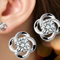 fashion luxury silver color zircon flower earrings for women hollow plant flower ladies wedding party birthday jewelry gift