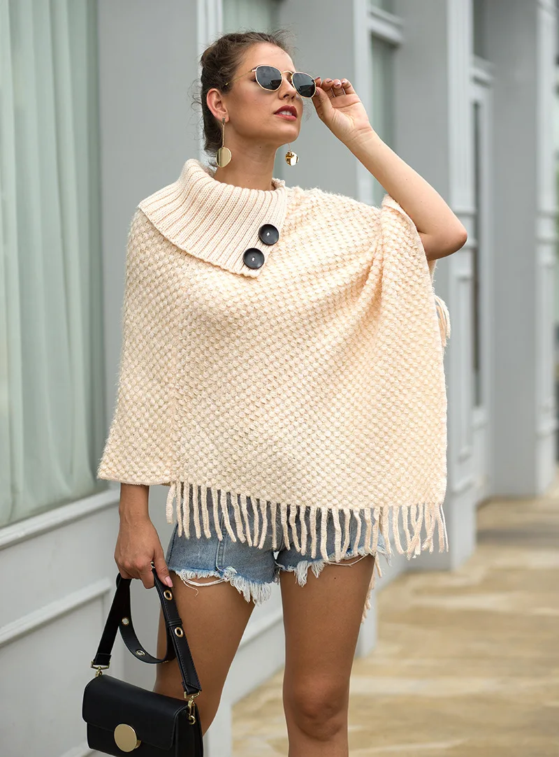 2019 Autumn Tassel Poncho Capes Women Knitted Swing Wrap Pullover Loose Cloak Scarf Winter Long Sweater Ladies | Женская одежда