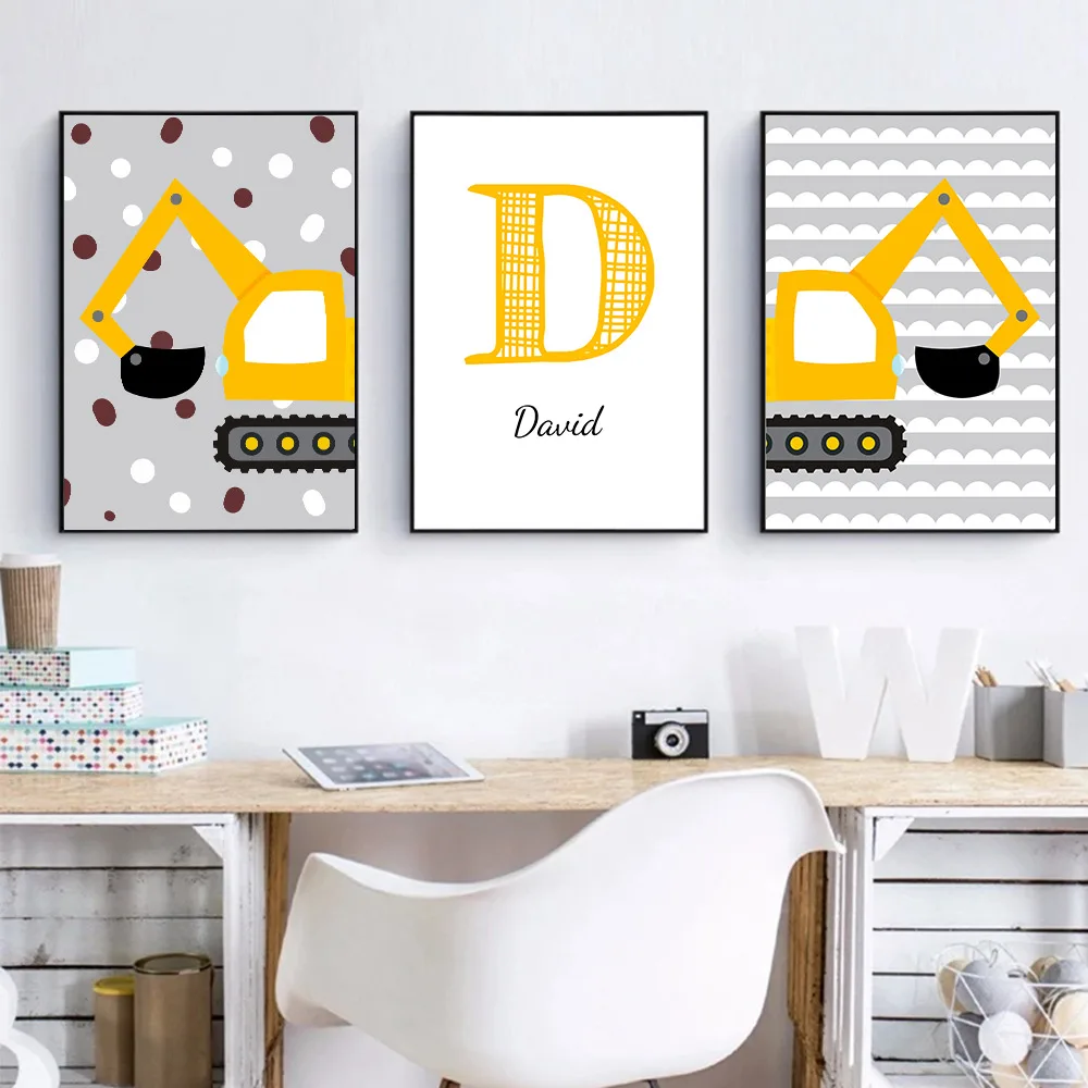 

Personalized Name Custom Wall Art Canvas Painting Grab Navvy Poster Yellow Crane Art Print Nordic Picture Baby Kids Room Decor