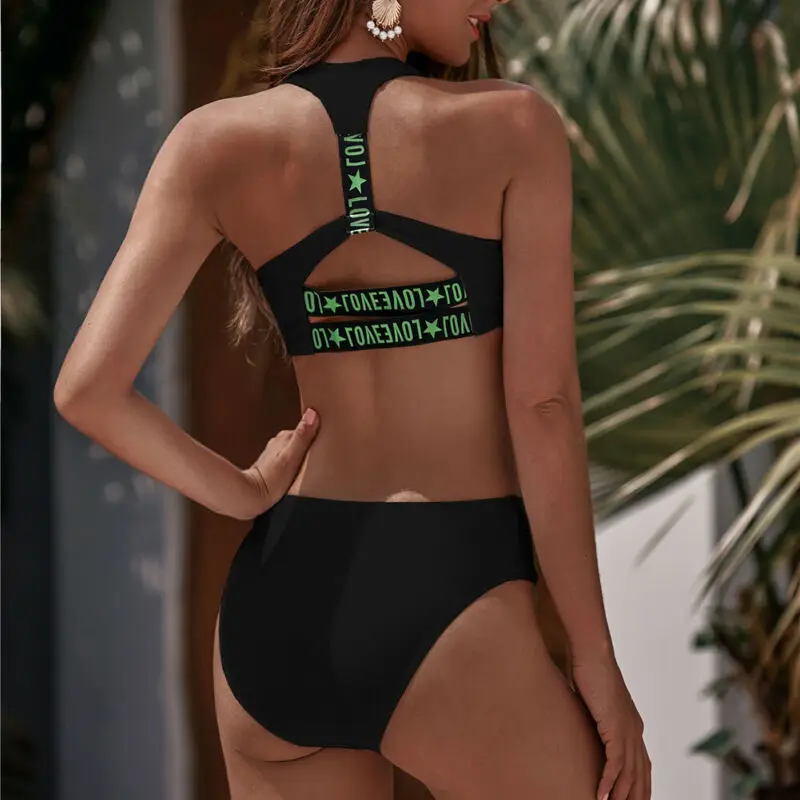 

Fashion Women Two Piece Push-Up High Waist New Zip Solid Bra Style Beachwear Bikini Set Summer Swimsuit Beach Swimwear