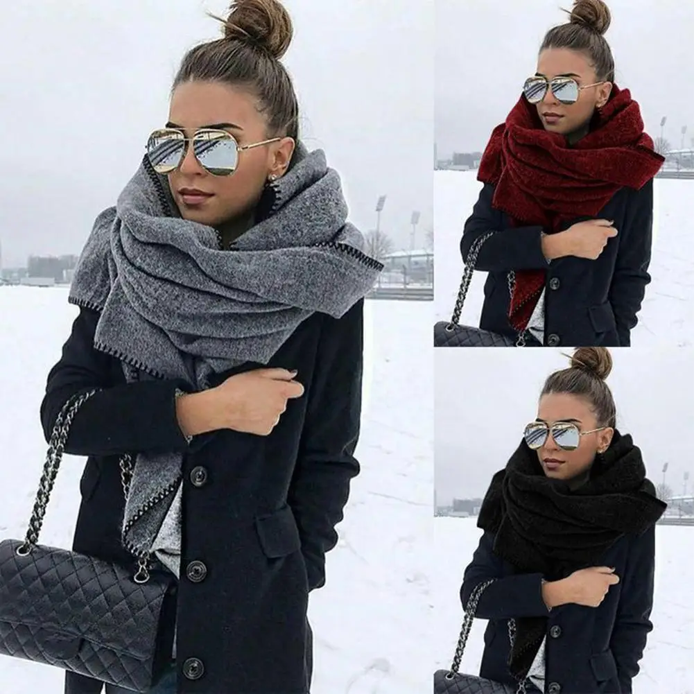 200cm Autumn Winter Scarf Women Solid Color Fleece Warm Shawl Outdoor Neck Wrap |