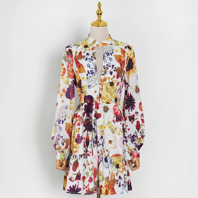 

Женское ажурное платье-миди с воротником-стойкой, длинным рукавом-фонариком и высокой талией, Новое Элегантное летнее платье с принтом