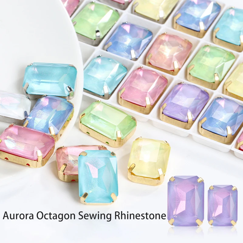 

5Pcs/Pack 10x14/13x18MM Aurora Octagon Sewing Rhinestone Needlework Decoration Rectangle Crystal For Clothes Candy Color Beads