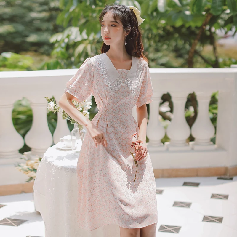 

Summer Floral Maxi Dress Chiffon Printed Lace Doll Collar Cute Elegant Ladies Mid-length Dress Vestido de mujer
