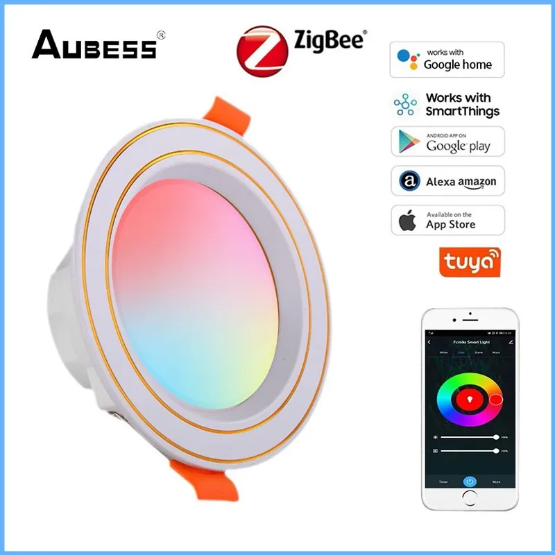 

Aubess Tuya Zigbee RGBCW Smart Downlight Work Smart Remote Control With Alexa Google Home White& Warm Light Ceiling LED Lamp