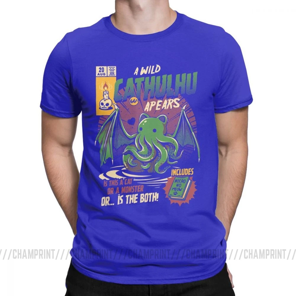 A Wild Cthulhu, футболки для мужчин, чистый хлопок, Повседневная футболка, кот, монстр, череп, Мультяшные топы, Милые Забавные футболки, Новое поступление - Цвет: Синий