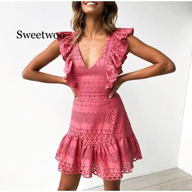 Женское ажурное мини-платье с цветочными оборками летнее Хлопковое платье