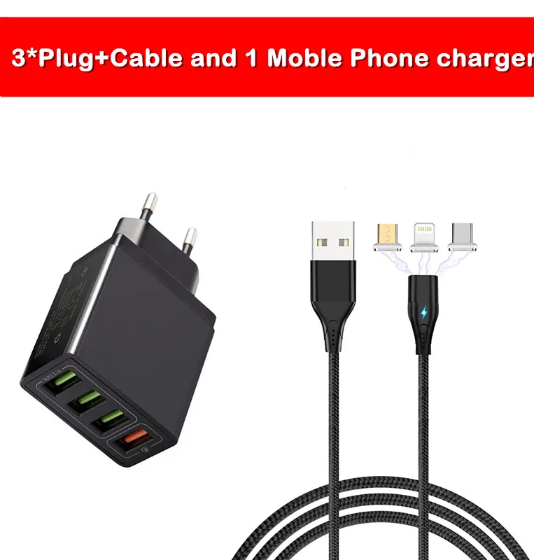 AIREACH, 18 Вт, зарядное устройство, 4USB, зарядное устройство для мобильного телефона, стандарт ЕС, США, зарядное устройство для мобильного телефона, быстрая зарядка для Samsung S8 S9 - Тип штекера: charger and cable