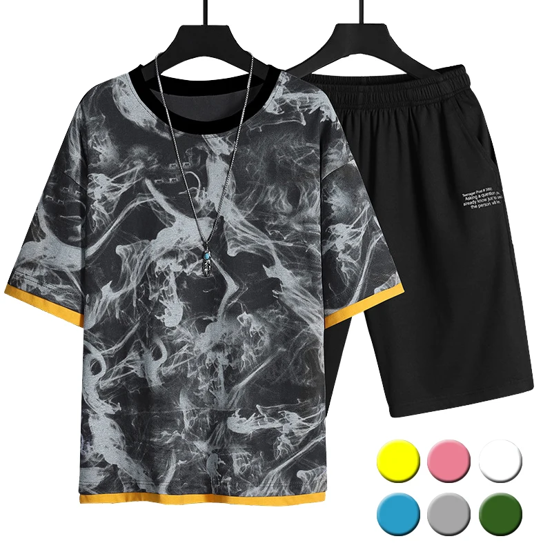 

Men's Fashion 2-Piece Cotton Personalized Printed T-Shirt + Loose Black Shorts 2021 New Summer Street Fashion Clothing S-3XL