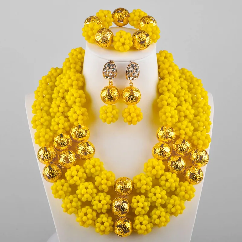 Opaque Yellow Nigerian Wedding African Beads Jewelry Set Crystal Ball Necklace | Украшения и аксессуары