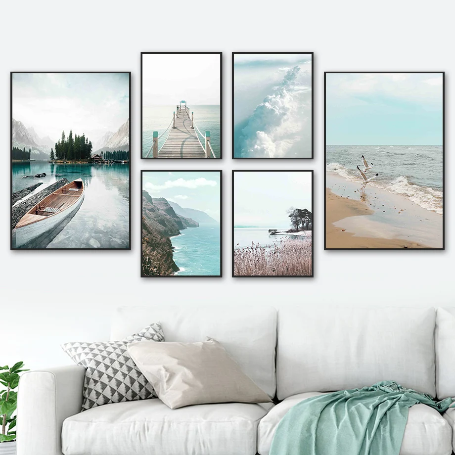 

Lake Boat Bridge Mountain Seagull Reed Wall Art Canvas Painting Nordic Posters And Prints Wall Pictures For Living Room Decor
