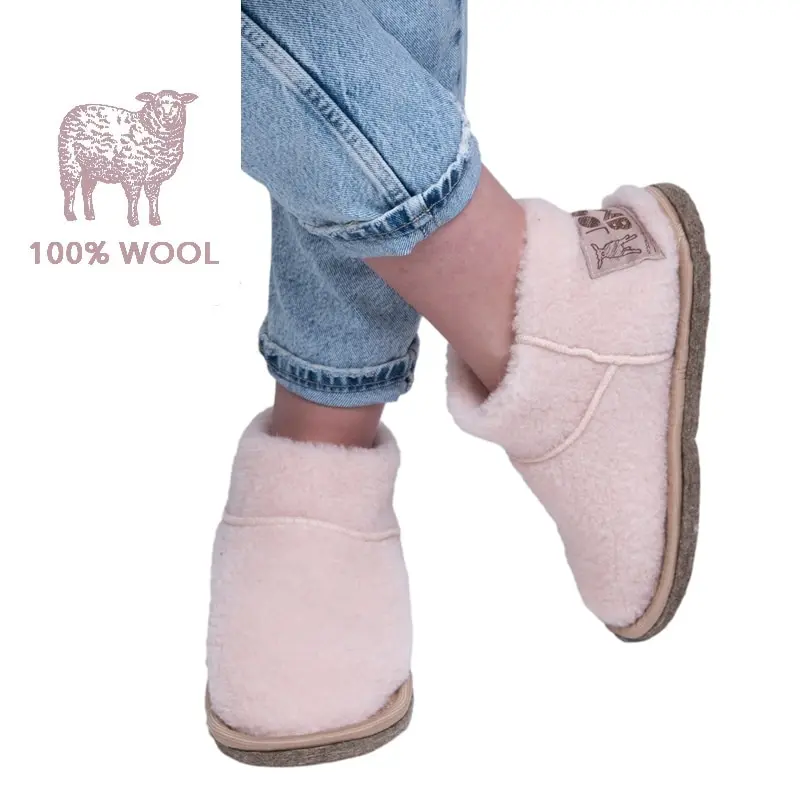 Угги домашние из овечьей шерсти Светло-розовые WOOLLAMB - женские тапочки овчины