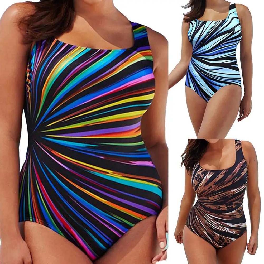 

Women Attractive Sexy Bathing Suit Skin-friendly Breathable Striped Print Padded One Piece Sleeveless Backless Bikini for Beach