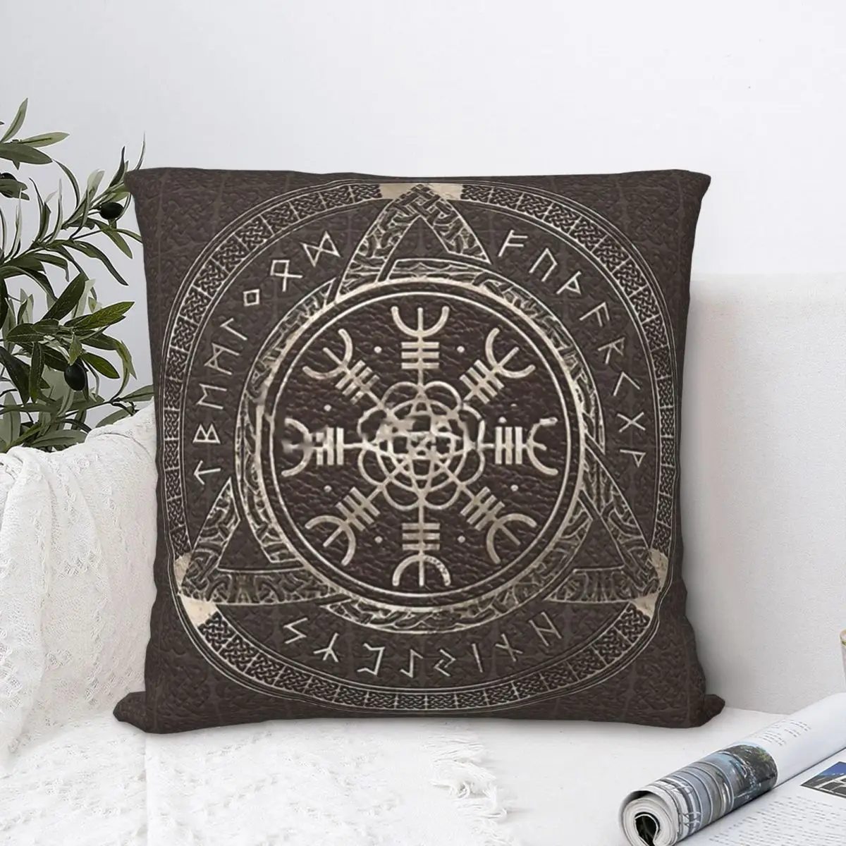 The Helm Of Awe Brown Leather And Gold Pillowcase Viking Norse Mythology Backpack Cushion For Bedroom Hug Pillowcase Decorative