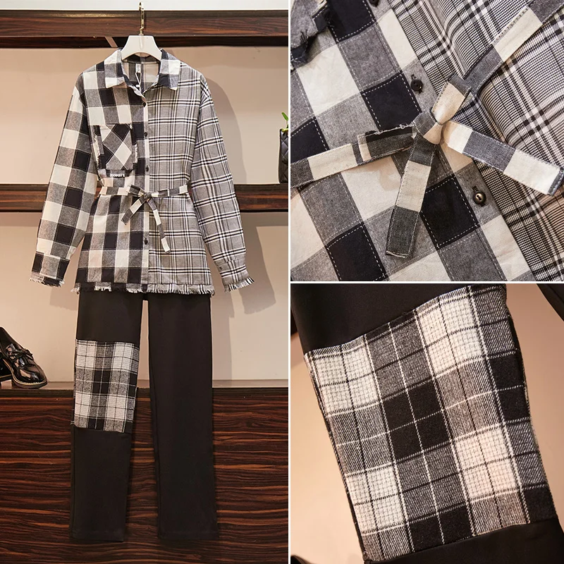 Женский винтажный спортивный костюм размера плюс Женская клетчатая футболка топ