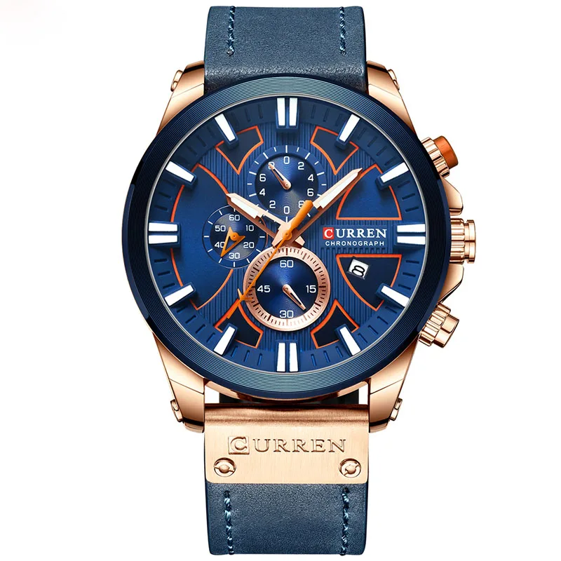 Rose Gold Blue Мужские часы Curren лучший бренд класса люкс Спортивные кварцевые мужские водонепроницаемые часы хронограф наручные часы с календарем часы Relogio Masculino - Цвет: Rose Gold Blue