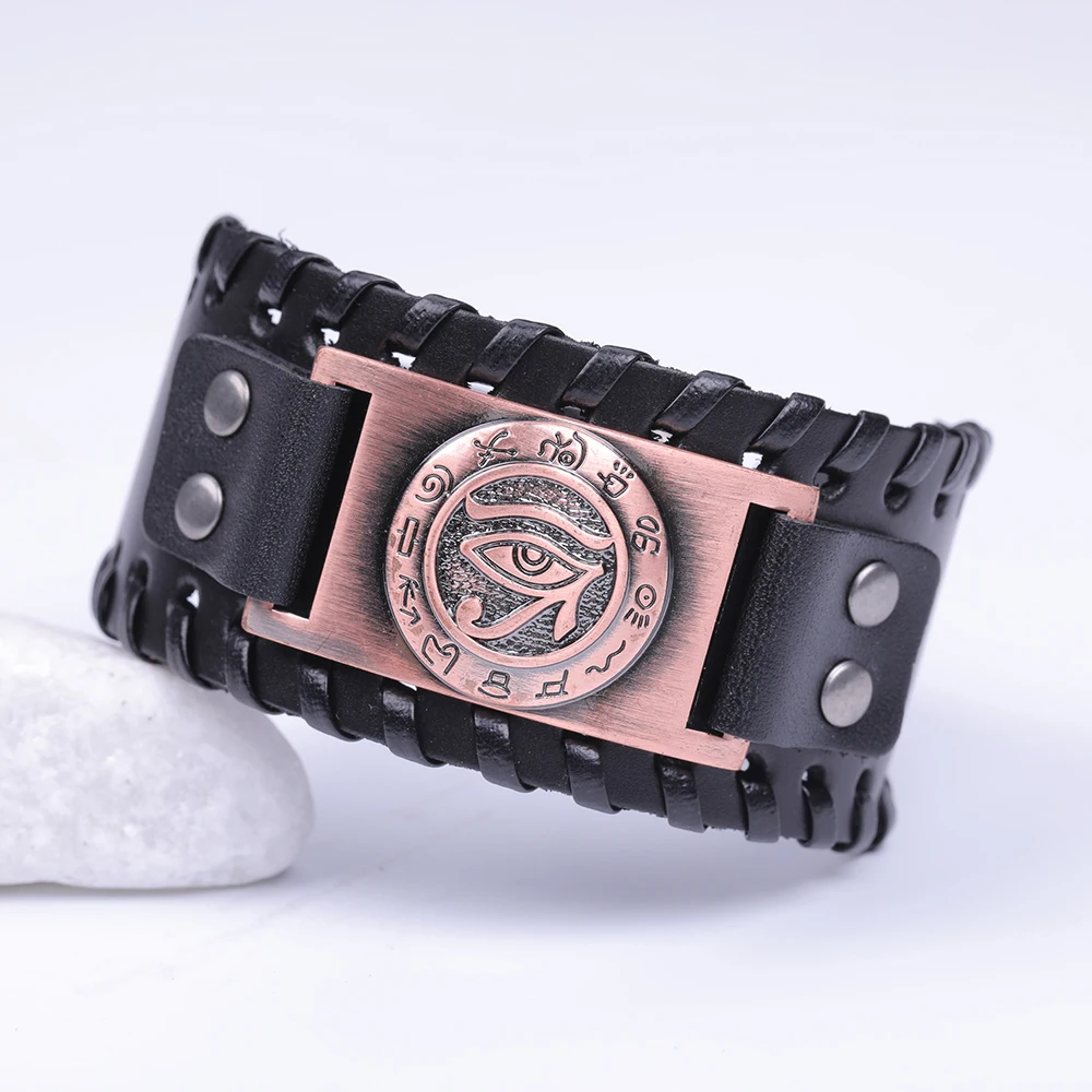 wide black-copper Skyrim Регулируемый древний Египетский кожаный браслет символ глаза Хоруса Wicca браслет-амулет Винтажные Ювелирные изделия-талисманы для мужчин - Окраска металла: wide black-copper