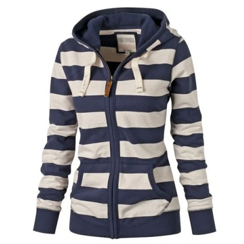 

Wide Striped Sweatshirts Patchwork Sexy Tight Fitted Women Zip Up Hoodie Casual Wear Kangaroo Pocket Hoodie Xxxxl Polerones 2021