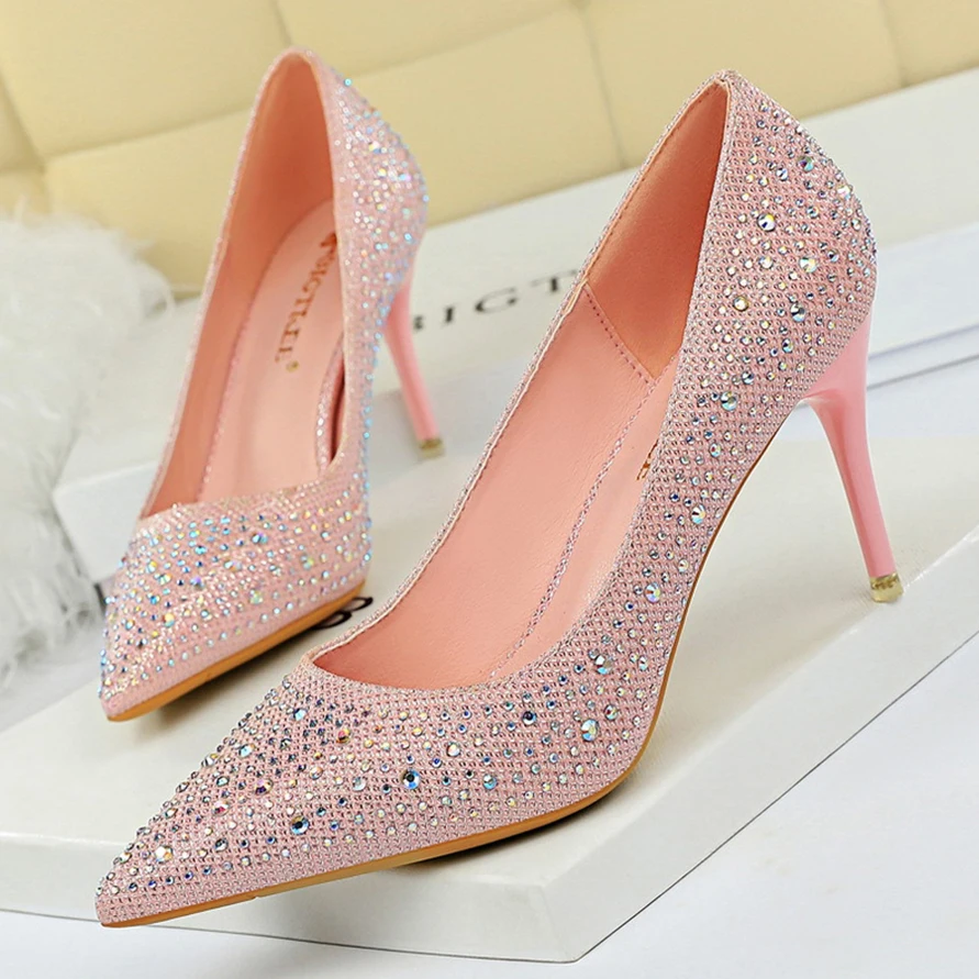 

Autumn Fashion Rhinestone Shallow Women Pumps Black Pink White Crystal Wedding Shoes Pointy Toe High Heels Party Shoe Woman Sexy