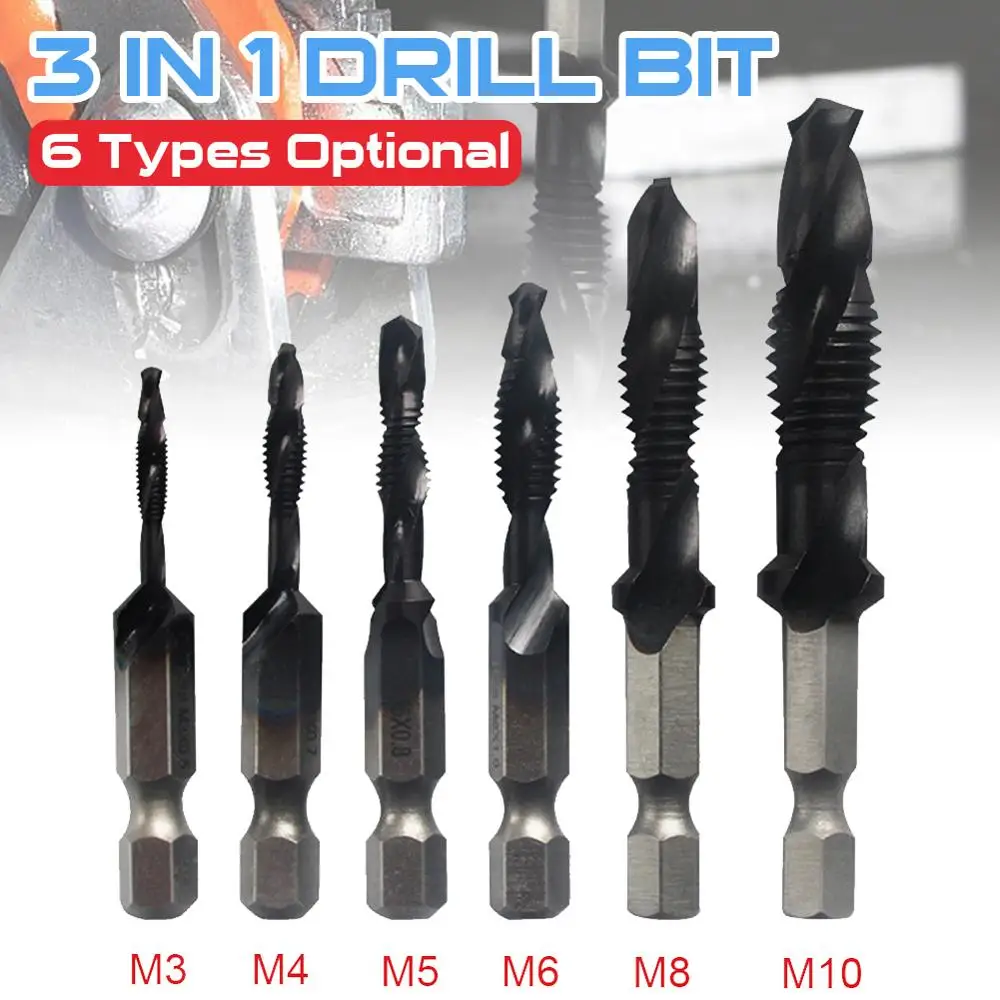 

Titanium Coated HSS Drill Bit Combination Drilling/Tapping/Countersinking Bit with 1/4" Hex Shank M3 to M10 Dremel Accessories