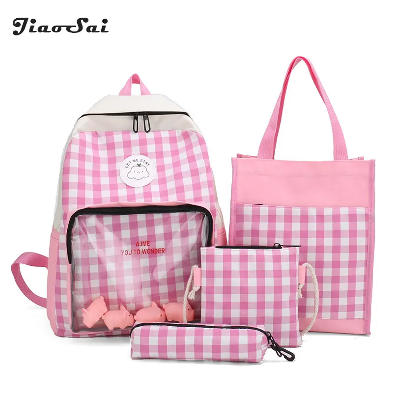 4 шт. клетчатый женский рюкзак набор студенческий холщовый для