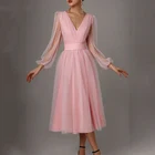 Женское Сетчатое платье с глубоким V-образным вырезом и пышными рукавами, праздничное розовое однотонное Полупрозрачное платье на молнии с тонкой талией в стиле принцессы, одежда для молодых девушек, новинка