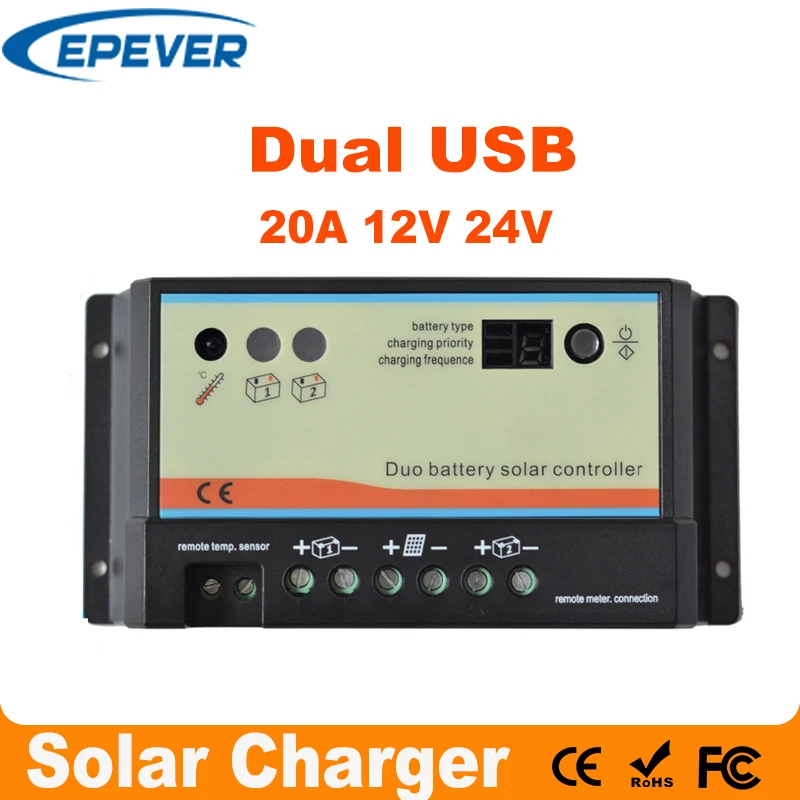 

20A daul battery Solar Charge Controller duo-battery charge controller 12V 24V solar panel battery charger for RV Boats Golf