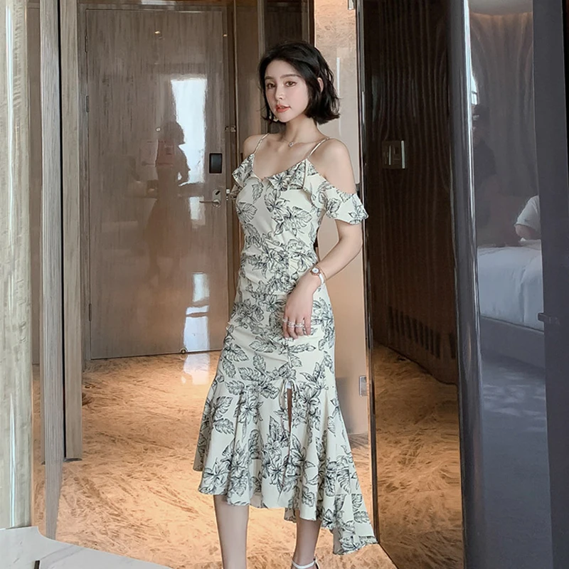 

Женское платье-Русалка с открытыми плечами, элегантное винтажное платье с открытыми плечами и принтом на бретелях-спагетти, лето 2019