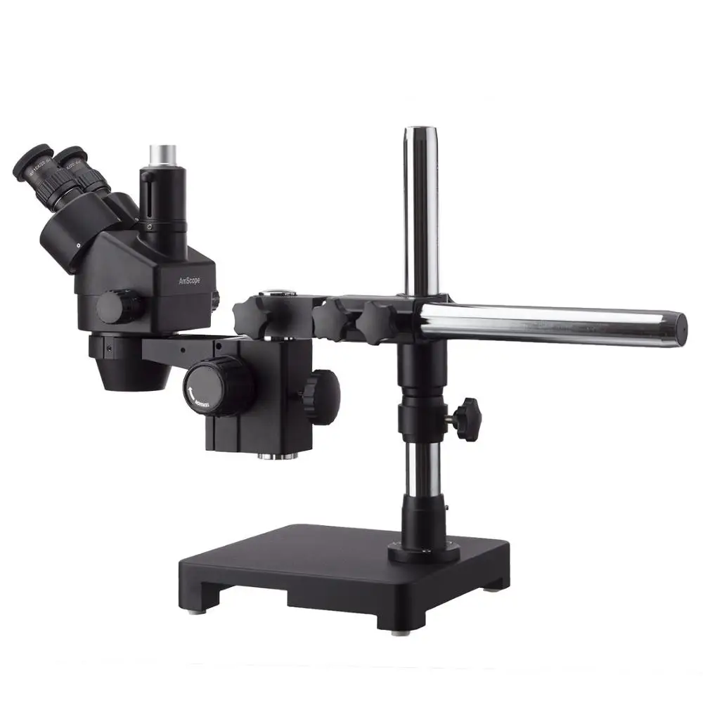 

7X-135X Black Trinocular Stereo Zoom Microscope on Single Arm Boom Stand with Heavy Duty 80-LED Ring Light & 10MP USB2.0 Digital