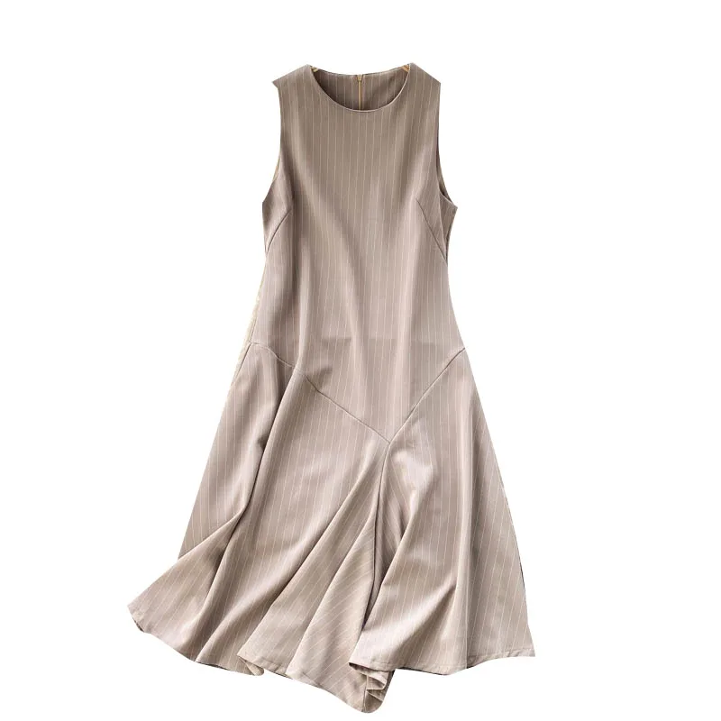 

European American Women's Summer New Retro Striped Vestidos Round Neck Slim Irregular Ruffled Sleeveless Midi Dress DK258