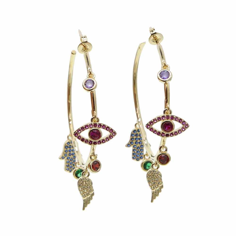 

Colorful cz paved lucky charms hoop earring evil eye wing hamsa hand gorgeous stunning european women earrings