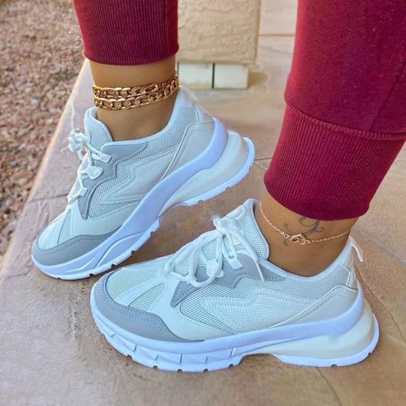 

Air Mesh Women Sneakers Flat Platform Patchwork Lace Up Thick Sole Mix Color Summer 2020 Sport Shoes Ladies Running Walking