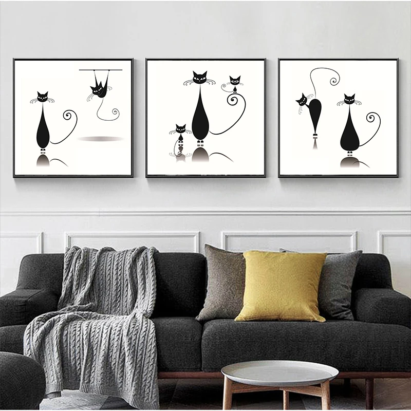 Минималистичная Картина на холсте с изображением милой кошки и головы черного